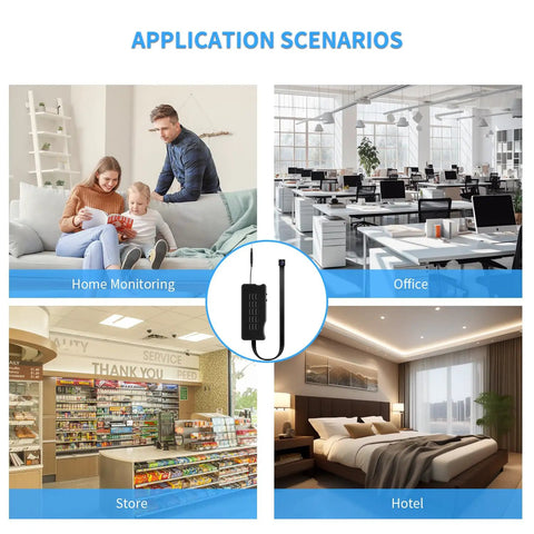 Application scenarios for Ultra Compact 1080P Wireless Mini Camera DIY Module Nanny Cam showing home, office, store, and hotel use.