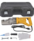 Heavy Duty 900W Electric Hydraulic Rebar Cutter with carrying case and accessories for spark-free cuts on steel rods.