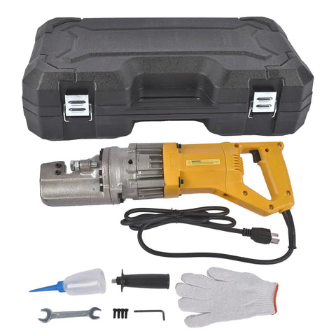 Heavy Duty 900W Electric Hydraulic Rebar Cutter with carrying case and accessories for spark-free cuts on steel rods.