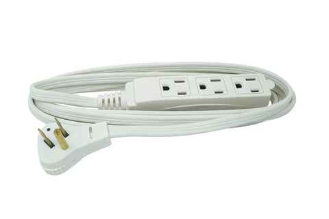 SlimLine Indoor Flat Extension Cord 8 Ft With Right Angle Plug, 16 Gauge, Three Grounded Outlets, 125 Volt, White for home use