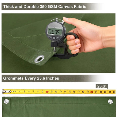 Heavy Duty Canvas Tarp 6x8 Feet With Rustproof Grommets 12 Oz Water Resistant Canvas UV Resistant shown with thickness gauge and grommet