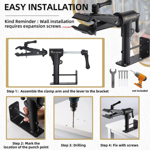 Installation steps for Heavy Duty Bike Repair Stand With Adjustable Clamp, Wall Or Bench Mount, Holds Up To 88 Lbs.