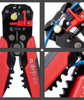 Mengkk Multifunctional Crimpers Tool With Automatic Wire Stripping And Cutting Machine For Professional Ethernet Cable Termination Rojo close-up of tools features and cutting edges.