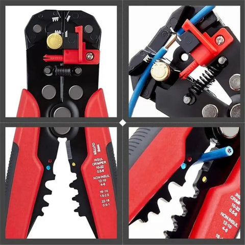 Mengkk Multifunctional Crimpers Tool With Automatic Wire Stripping And Cutting Machine For Professional Ethernet Cable Termination Rojo close-up of tools features and cutting edges.