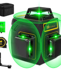 360 Degree Self Leveling Laser Level with 12 Lines and 3D Self Leveling Tech for Tile Work, Construction and Picture Hanging, shown with green laser lines, includes 10 ft tape measure kit, red.
