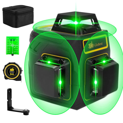 360 Degree Self Leveling Laser Level with 12 Lines and 3D Self Leveling Tech for Tile Work, Construction and Picture Hanging, shown with green laser lines, includes 10 ft tape measure kit, red.