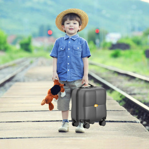 Child holding toy with Underseat Carry On Luggage With Wheels For Easy Boarding TSA Approved Hard Shell Personal Item by tracks.