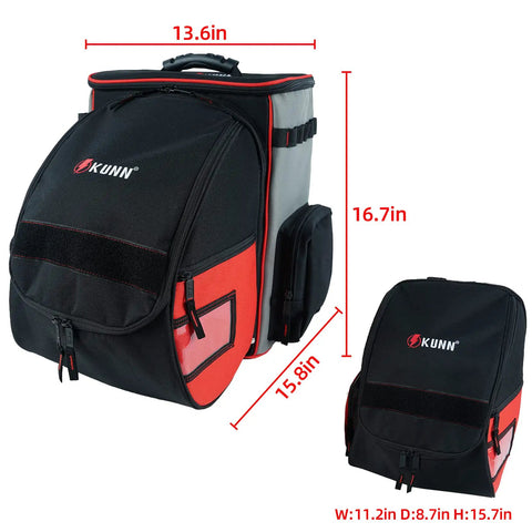 Welding Backpack With Detachable Helmet Bag And Built In Lunch Tote For Easy On The Job Site Storage Of Welding Gear Ultra Durable Tool Carrier With Padded Back And Straps Red, showing dimensions.