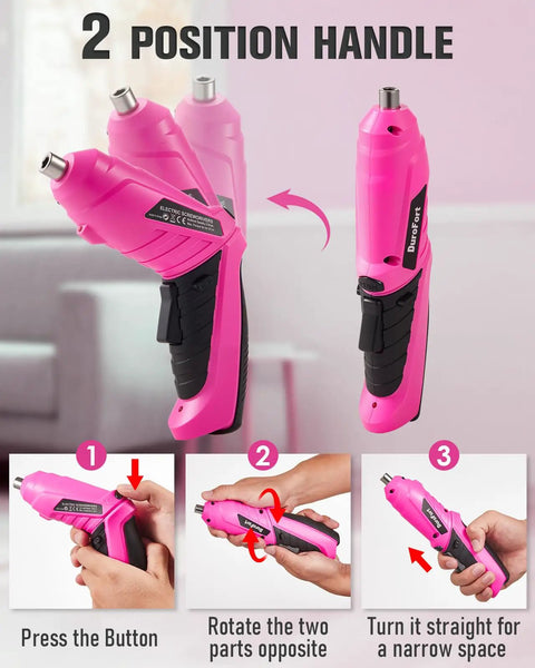 Cordless Electric Screwdriver Set With LED Light And Flexible Shaft demonstrating 2 position handle adjustment steps
