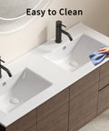 HAOCHRYSYPH Double Bowl Ceramic Sink, Milk White, 47.64 x 18.12 x 6.7 in, showing easy cleaning feature with modern faucets.