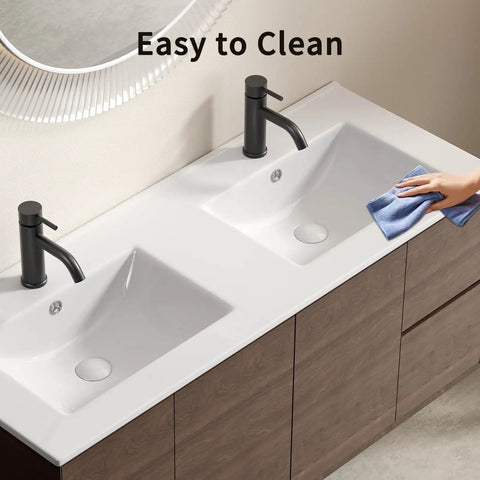 HAOCHRYSYPH Double Bowl Ceramic Sink, Milk White, 47.64 x 18.12 x 6.7 in, showing easy cleaning feature with modern faucets.