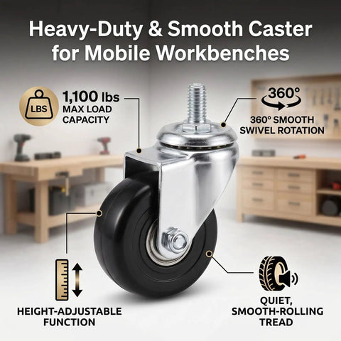 Pro Grade 3 Inch Heavy Duty Retractable Casters Roll Like Butter With 1100 Lb Load Capacity for mobile workbenches with 360° rotation.
