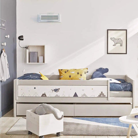 Room with wall-mounted air vent deflector set for 8.5 to 15 inch vents with magnetic adjustable heat and AC deflectors, non-melting construction
