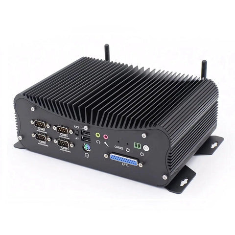 Workhorse Mini Desktop Pc Powered By Intel Core I7 8550U, Meaty 32Gb Ddr4 Ram, And Hefty 1Tb Ssd showing black fanless aluminum chassis with ports.