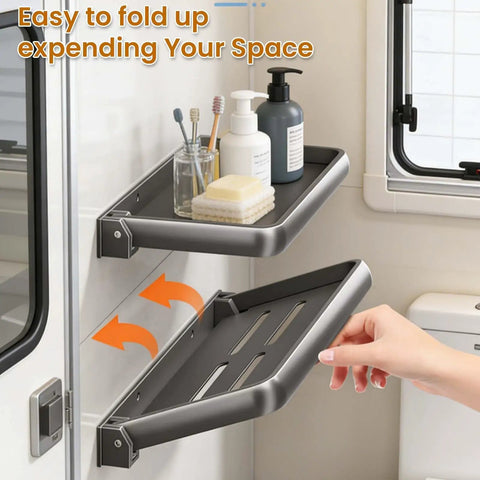 Super Sleek Aluminum RV Folding Wall Shelf With Hidden Drop Down Design in use, showing toiletries on two-tiered mounted storage.