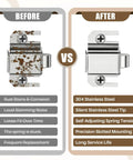 Image showing Sweet Upgrade Two Pack Silver Shower Door Latch Replacement before and after comparison of rusted vs 304 stainless steel.