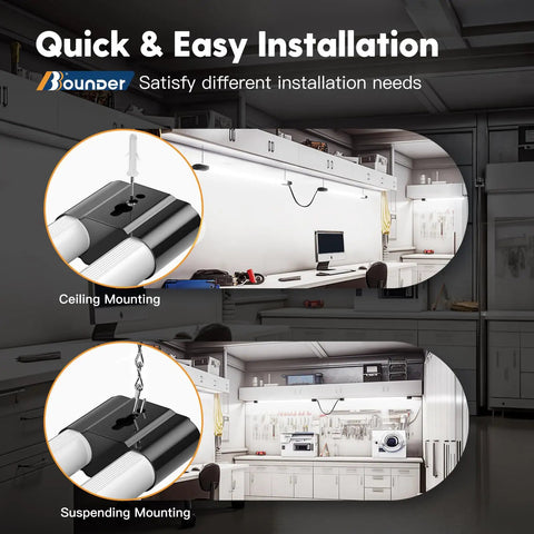 Linkable 10 Pack LED Shop Lights 4 Foot, 4400 Lumens, illustrating ceiling and suspension mounting options in a workshop