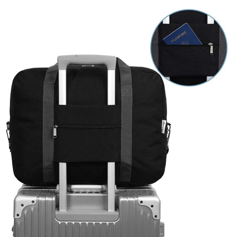 Under Seat Personal Item Bag 18x14x8 Inch 30L Foldable Travel Duffel Tote for women and men on suitcase, quick access pocket detail.