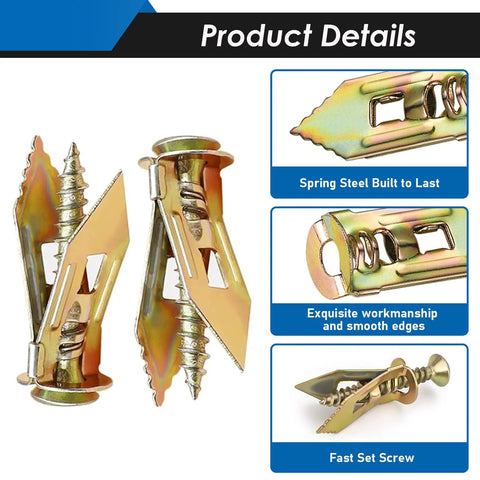 Self Drilling Drywall Anchors And Screws Kit With Two Anchor Sizes And Three Expansion Screw Sizes, Zinc Plated Steel Sheetrock