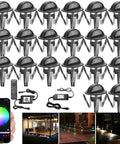 Bluetooth And WiFi RGB Deck Step Lights Kit With 20 Recessed 1.38 Inch LED Low Voltage Landscape Lighting, app and remote shown