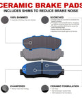 Diagram of Nissan Qashqai and Rogue Front and Rear Brake Kit With Ceramic Pads and Blank Rotors, highlighting shimming and scorching features.