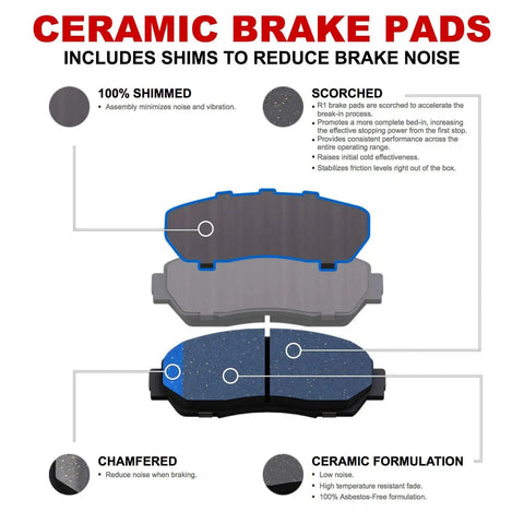 Diagram of Nissan Qashqai and Rogue Front and Rear Brake Kit With Ceramic Pads and Blank Rotors, highlighting shimming and scorching features.