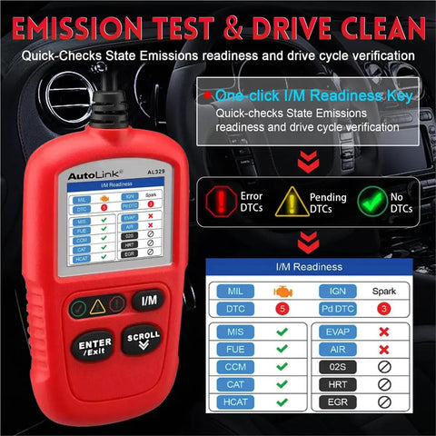 AL329 OBDII Code Reader Scanner For Cars Upgraded One Click I M Emissions Readiness tool in car interior with indicator lights.