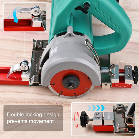 Circular Saw Guide Rail For 12 Inch Base, aluminum adjustable cutting guide in use, showcasing double-locking design.
