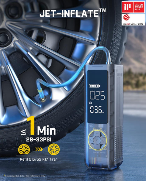 Fast Inflate Portable Tire Inflator With 150 PSI Cordless Power And LED Dual Screen inflating car tire outdoors