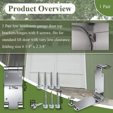 1 Pair Low Headroom Garage Door Top Bracket Set For Standard Lift Doors Adds Extra Clearance Above The Door Ideal For Commercial And Residential Use Quick Turn Bracket For Easy Install And Space Saving with screws and measurements
