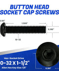 Button Head Socket Cap Screws 10 32 X 1-1/2 Inch 50 Pack Solid Alloy Steel with hex-socket drive and black oxide finish.