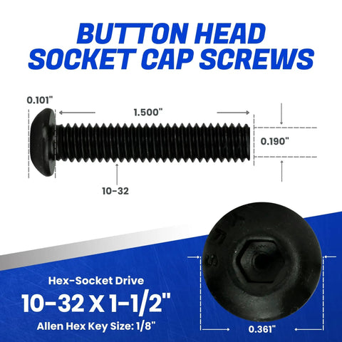 Button Head Socket Cap Screws 10 32 X 1-1/2 Inch 50 Pack Solid Alloy Steel with hex-socket drive and black oxide finish.