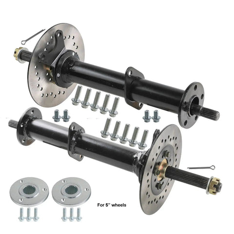 Badass Heavy Duty Rear Axle Kit For Go Kart And Dolly With 48 Volt 1000 Watt Brushless Motor and Speed Controller Plug And Play Setup For Mini Bike And Drift Trike DIY, featuring two black axles with disc brakes and mounting hardware.