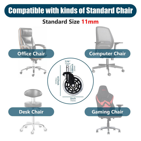 Set Of Five 3 Inch Smooth Replacement Chair Wheels With Rollerblade Style Bearings for office, desk, gaming chairs illustration