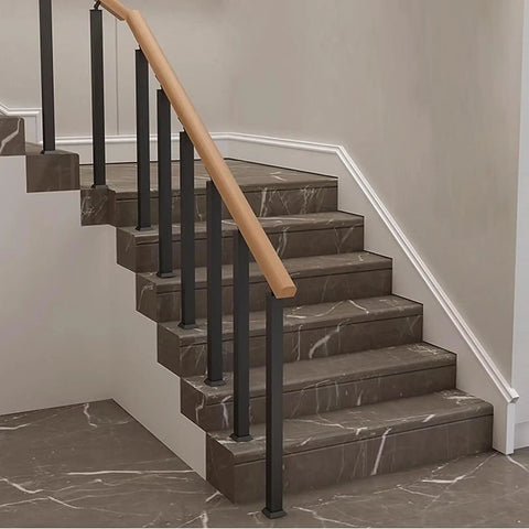 Rock Solid Square Stair Baluster Posts With 270 Degree Flex Metal Railing Spindles And Flat Bracket for modern staircase with black posts.