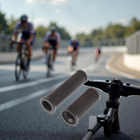 Dual Length Black Bike Handlebar Grips for Twisting Shifters mounted on bike stem, cycling race in background
