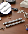 2 Pcs Double Ended Pin Vise Set Stainless Steel Mini Hand Drill for Twisting Copper Wire Jewelry Making Tool Lightweight Pocket Size DIY Crafts Kit Hard Core Durability Game Changer Zero Hassle Setup for Beading and Craft Projects with two vises on a wooden table.
