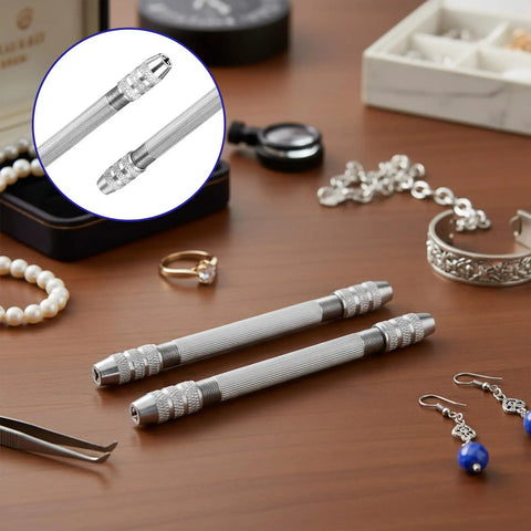 2 Pcs Double Ended Pin Vise Set Stainless Steel Mini Hand Drill for Twisting Copper Wire Jewelry Making Tool Lightweight Pocket Size DIY Crafts Kit Hard Core Durability Game Changer Zero Hassle Setup for Beading and Craft Projects with two vises on a wooden table.
