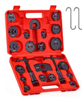 Universal Disc Brake Caliper Tool Kit 24 Piece Set For DIY Mechanics with wind back piston tool, adapters, and red case.