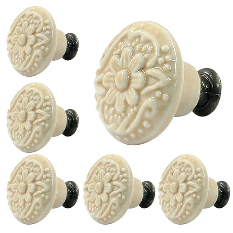 Totally Sweet Light Yellow Ceramic Cabinet Knobs, 34 mm Drawer Handles With M4 Mounting Screws, No Sweat Install Furniture Hardware For Cupboards, Top Shelf Set Of Ten - Set of six flower pattern knobs.