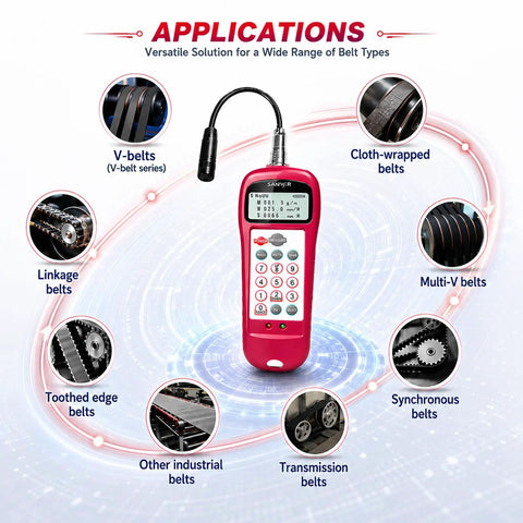 Sonic Belt Tension Meter Gauge For Drive Belts With Acoustic Probe, Measures 0.01N To 99900N And 10.0 Hz To 5000 Hz, Delivers Precise Tension Readings To Boost Performance And Cut Premature Wear For DIYers And Pros. red handheld belt tension meter with acoustic probe for V-belts