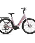 Featherlight Full Carbon Fiber Electric Bike With A Heckin Clean Ride, 500 Watt Pedal Assist Motor And Dope 75 Mile Battery Range, Class 1 Urban Commuter Ebike side view of light pink bike with rack.