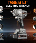 Badass Brushless Cordless Impact Wrench With Slick Half Inch Drive And Serious 1700 Newton Meters Torque Designed For Heavy Duty Automotive Repair And Zero Sweat Garage Grinds. Image showing brushless motor, LED light, variable speed switch.