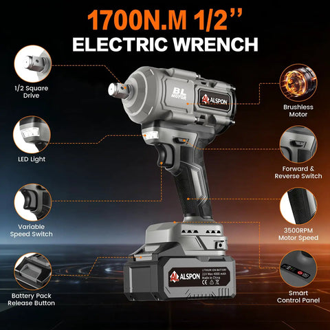 Badass Brushless Cordless Impact Wrench With Slick Half Inch Drive And Serious 1700 Newton Meters Torque Designed For Heavy Duty Automotive Repair And Zero Sweat Garage Grinds. Image showing brushless motor, LED light, variable speed switch.