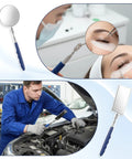 Five Piece Telescoping Inspection Mirror Set With Flexible Stainless Steel Handles Extendable Long Reach And 360 Degree Rotation Perfect For Auto Repair Vehicle Inspection And Reaching Tight Spots, showing a mechanic using a mirror in an engine and an esthetician using a mirror during a beauty procedure.