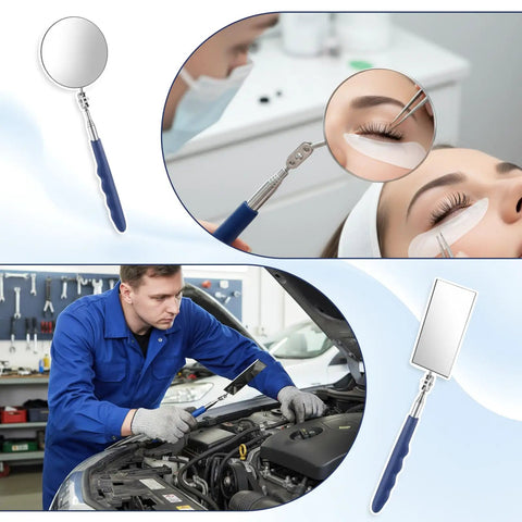 Five Piece Telescoping Inspection Mirror Set With Flexible Stainless Steel Handles Extendable Long Reach And 360 Degree Rotation Perfect For Auto Repair Vehicle Inspection And Reaching Tight Spots, showing a mechanic using a mirror in an engine and an esthetician using a mirror during a beauty procedure.