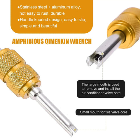 Golden wrench for use in a 16 Piece AC Valve Core Kit for R134A with Pressure Caps and Service Valves, Universal AC System Charging Port.