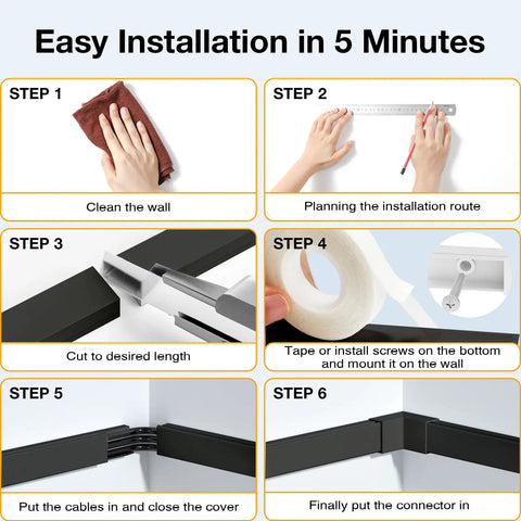 Step-by-step installation guide for Cable Hider Kit For Wall Mounted TVs And Home Office 157 Inch Paintable Black Wire Concealer Raceway