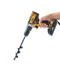 VASGOR planter auger drill bit set attached to a yellow cordless drill; black steel auger bit for planting (3/8 in hex drive)