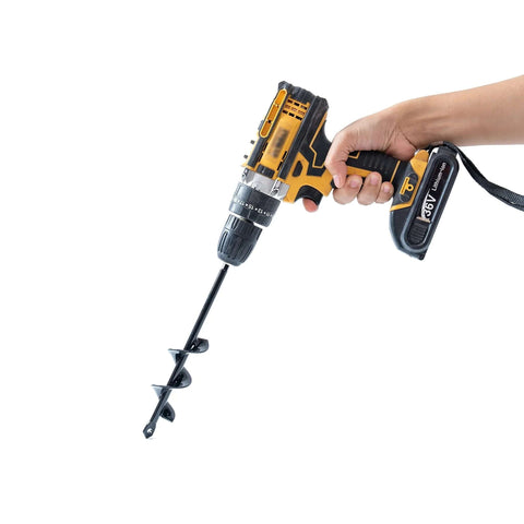 VASGOR planter auger drill bit set attached to a yellow cordless drill; black steel auger bit for planting (3/8 in hex drive)